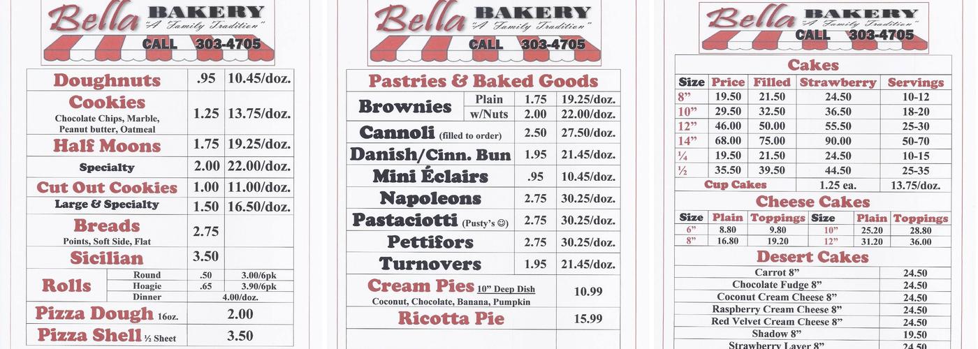 Bella Bakery Menu