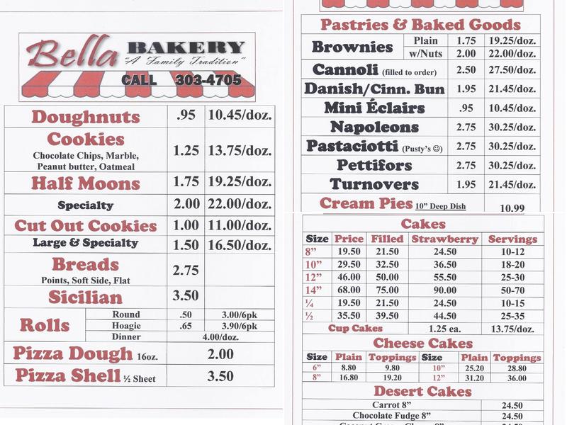 Bella Bakery Menu