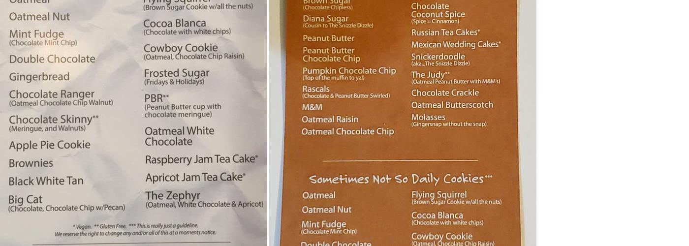 The Cookie Shoppe Menu