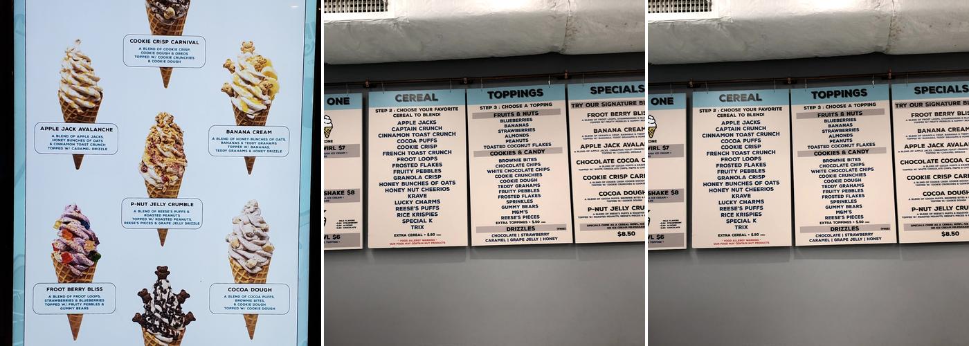 Milk & Cream Cereal Bar Menu