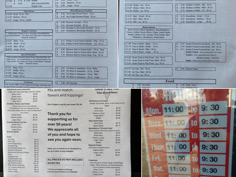 Sattler's Tasty Treat Menu