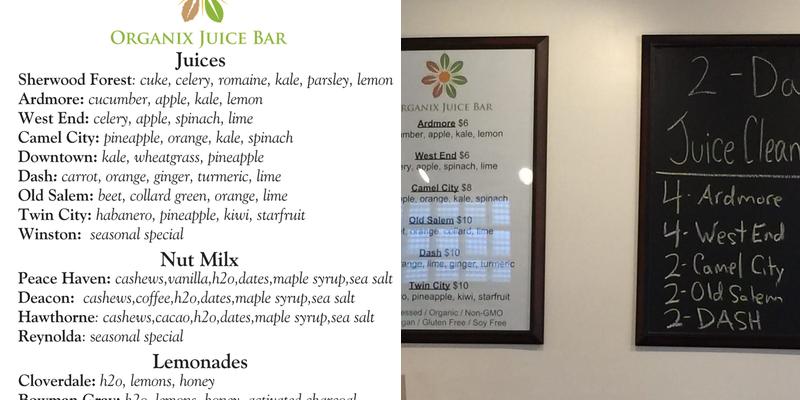 Organix Juice Bar Menu