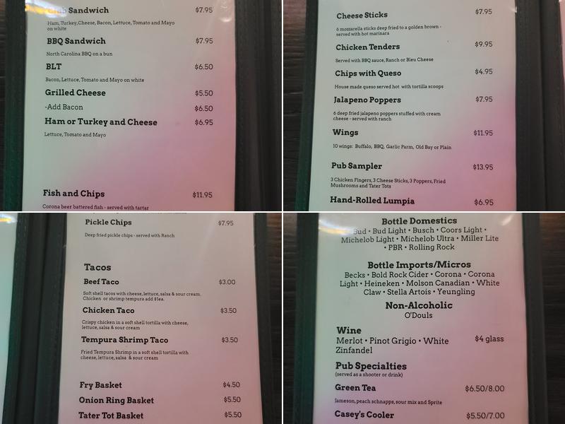 Casey's Pub Menu