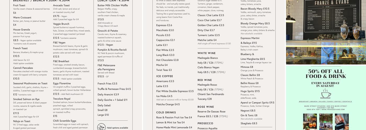 Franze & Evans Cafe Shoreditch Menu