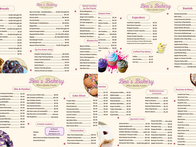 Bea's Bakery Menu