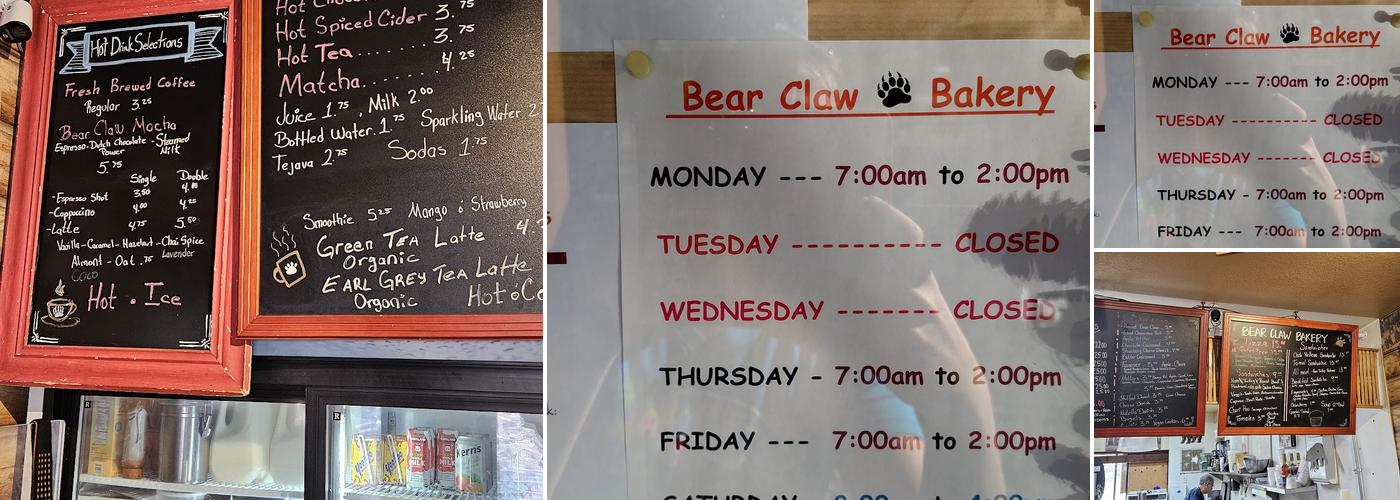 Bear Claw Bakery Menu