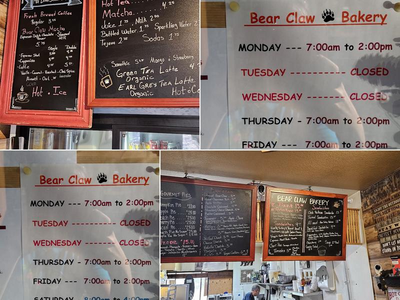 Bear Claw Bakery Menu