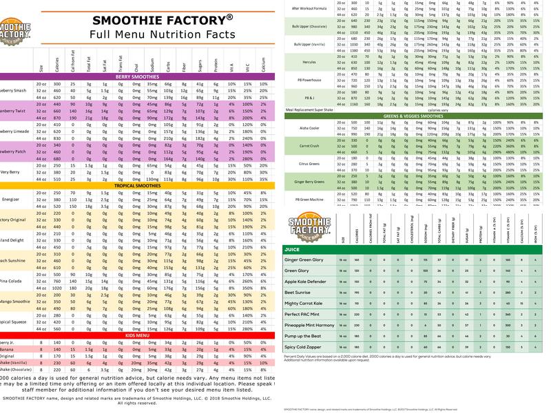 Smoothie Factory Menu