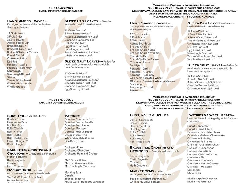 Farrell Bread & Bakery Menu