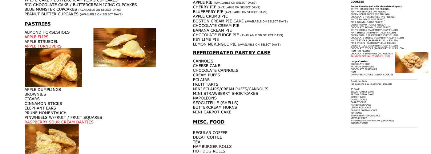 Park Bakery Menu