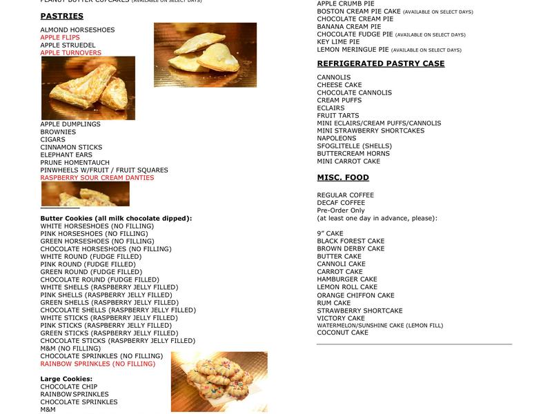 Park Bakery Menu