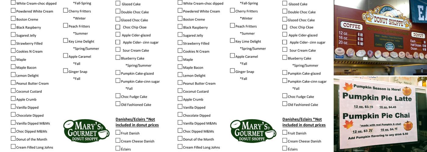 Mary's Gourmet Donut Shoppe Menu