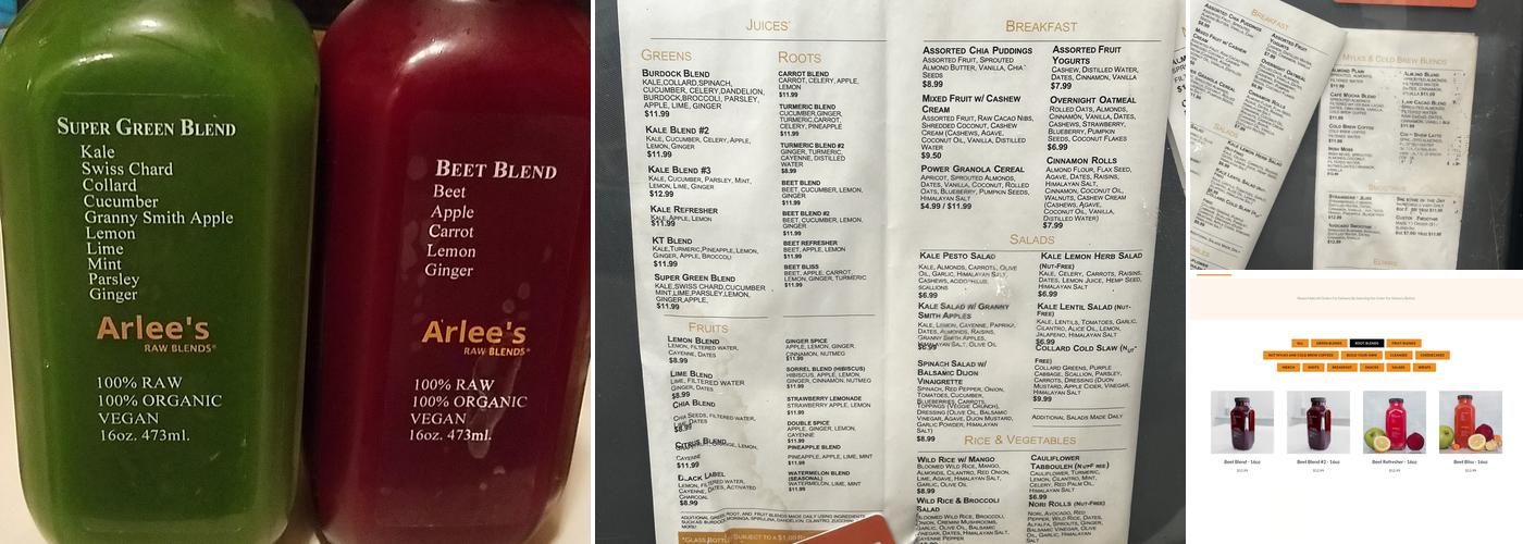 Arlee's Raw Blends Menu