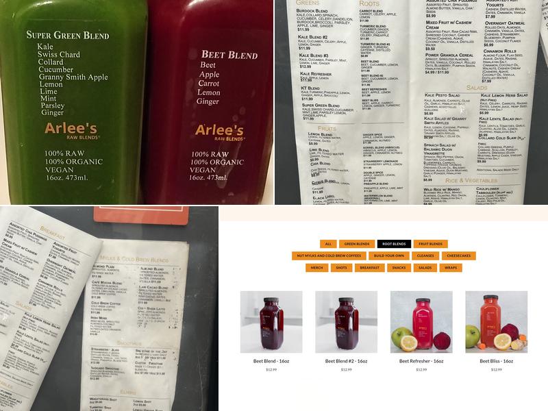 Arlee's Raw Blends Menu