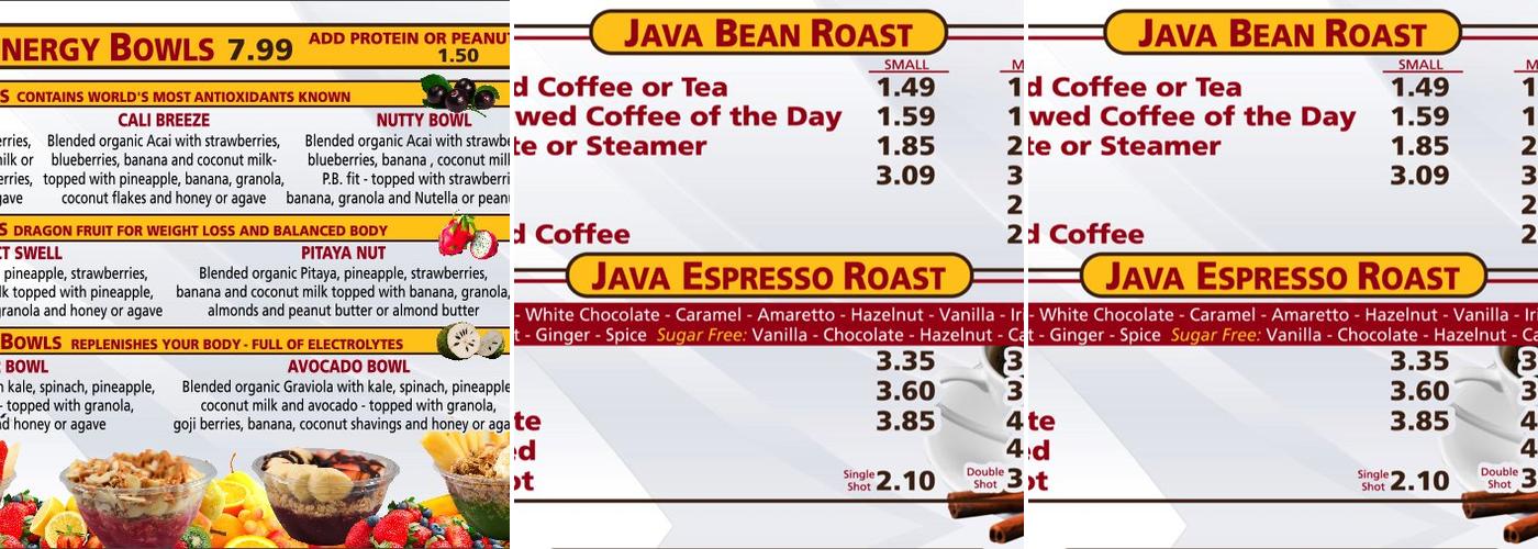 California Shakes & Juice Bar Menu