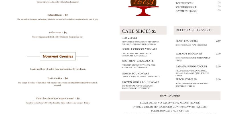 Sweet 1603 Menu