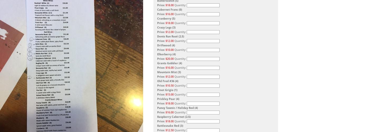 Benezette Wines Menu