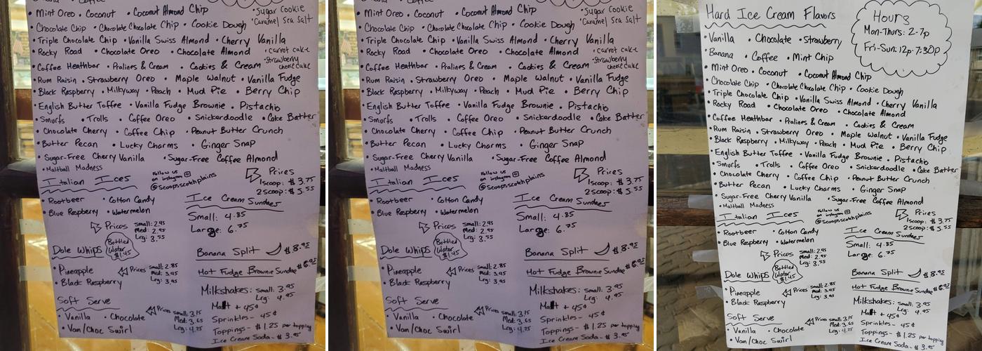 Scoops Ice Creamery Menu