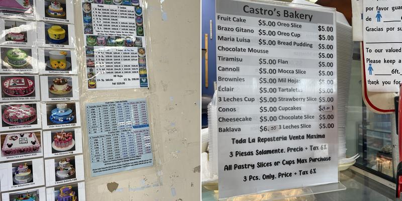 Castro's Bakery Menu