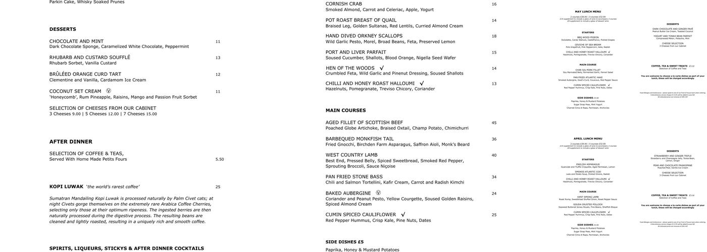 Thackeray's Restaurant Menu