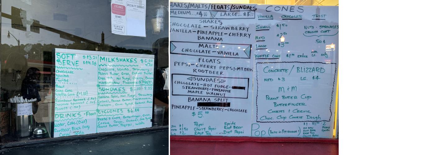 Allegheny Ice Cream Menu