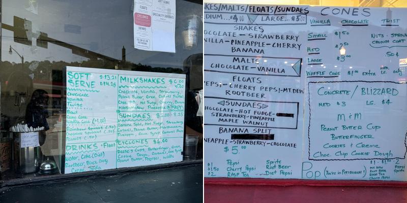 Allegheny Ice Cream Menu