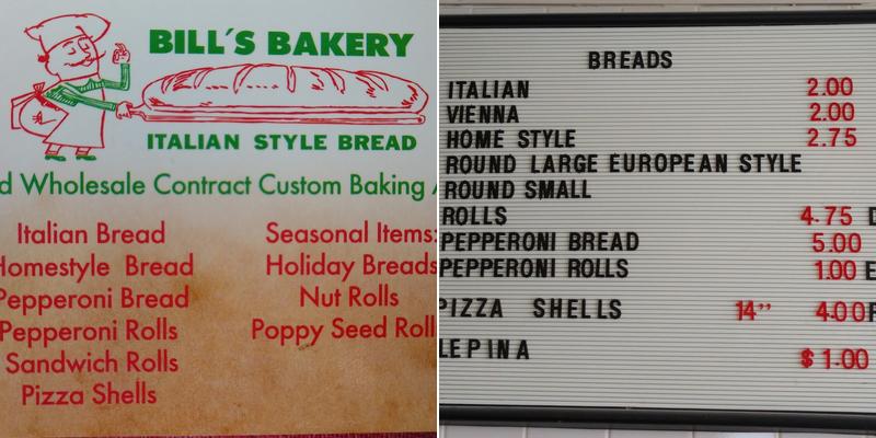 Bill's Bakery Menu