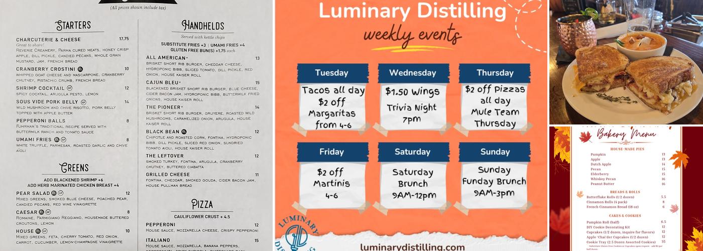 Luminary Distilling, Fuhrman's Cider, Eatery Menu