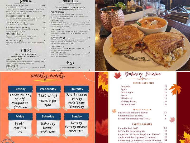 Luminary Distilling, Fuhrman's Cider, Eatery Menu