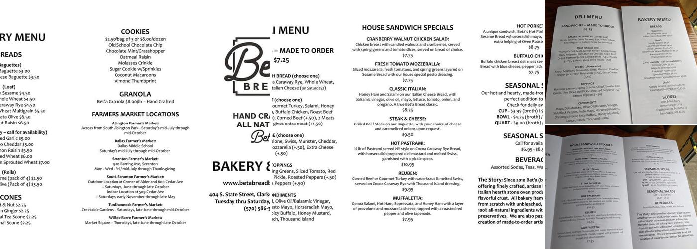 Beta Bread Bakery Menu