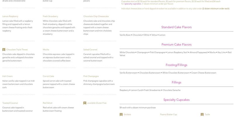 Sweet Couture Designer Cakes Menu