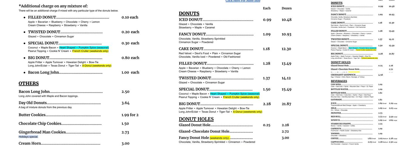 Howard’s Donuts Menu