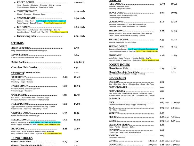 Howard’s Donuts Menu