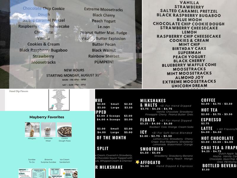 Mayberry Ice Cream, LLC Menu