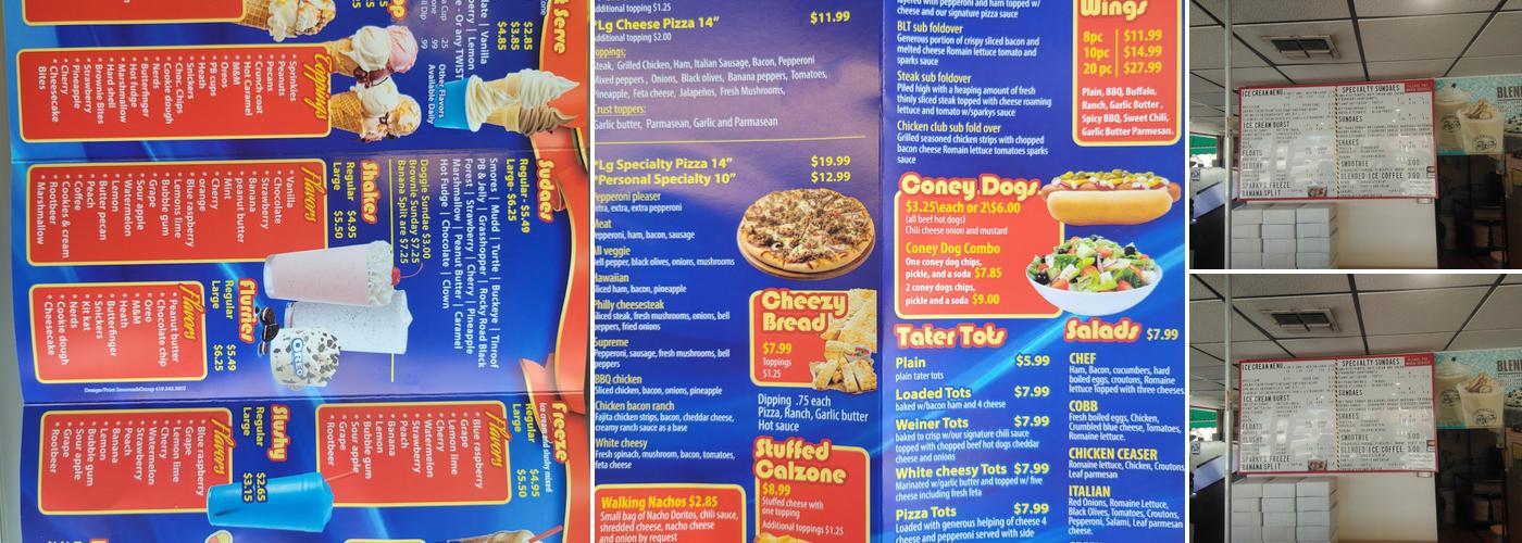 Sparky's , pizza cones and coneys Menu