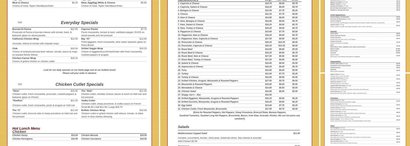 Sorrento Bakery Menu