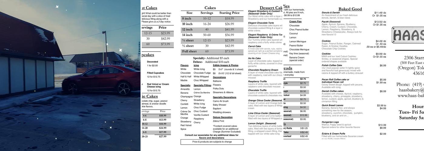 Haas Bakery Menu