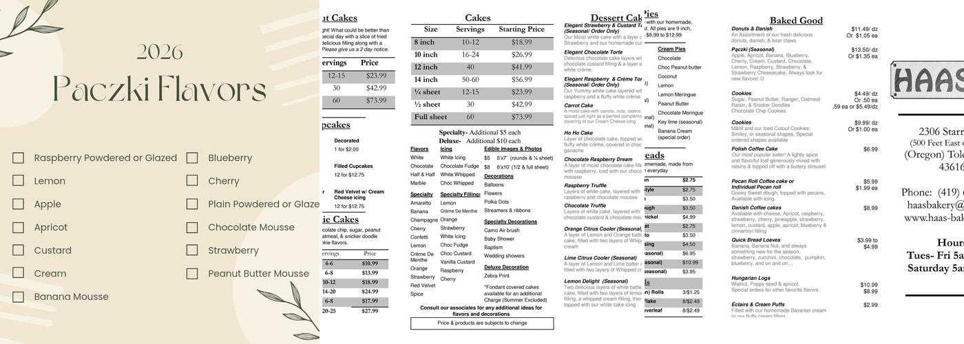 Haas Bakery Menu