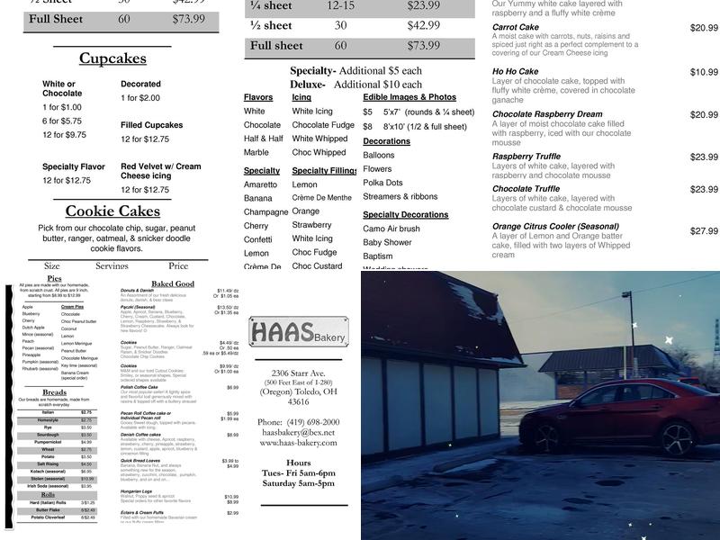 Haas Bakery Menu