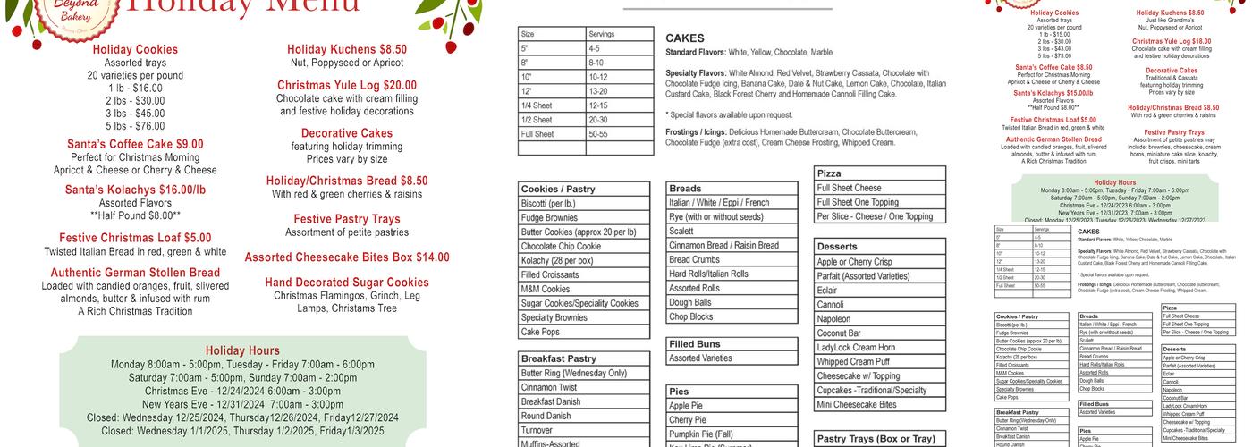 Breads & Beyond Bakery Menu