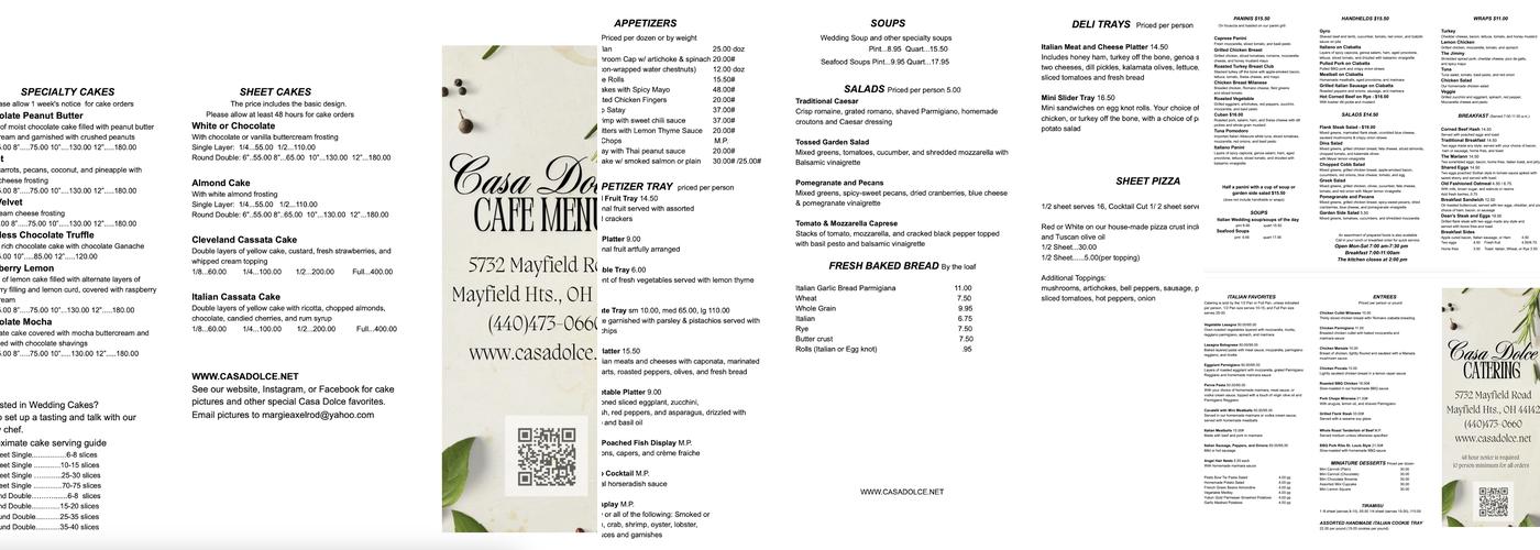 Casa Dolce Bakery Menu