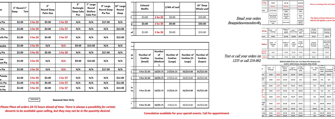 Bean Pie Heaven LLC. Menu