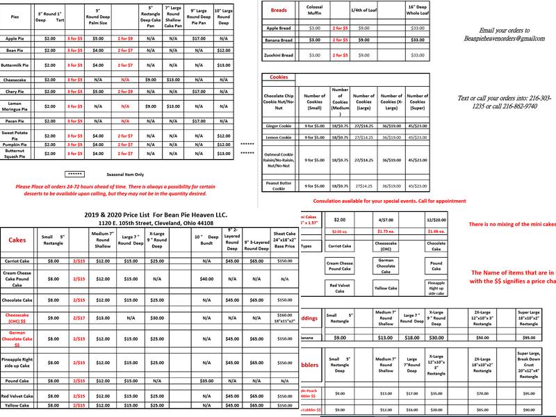 Bean Pie Heaven LLC. Menu