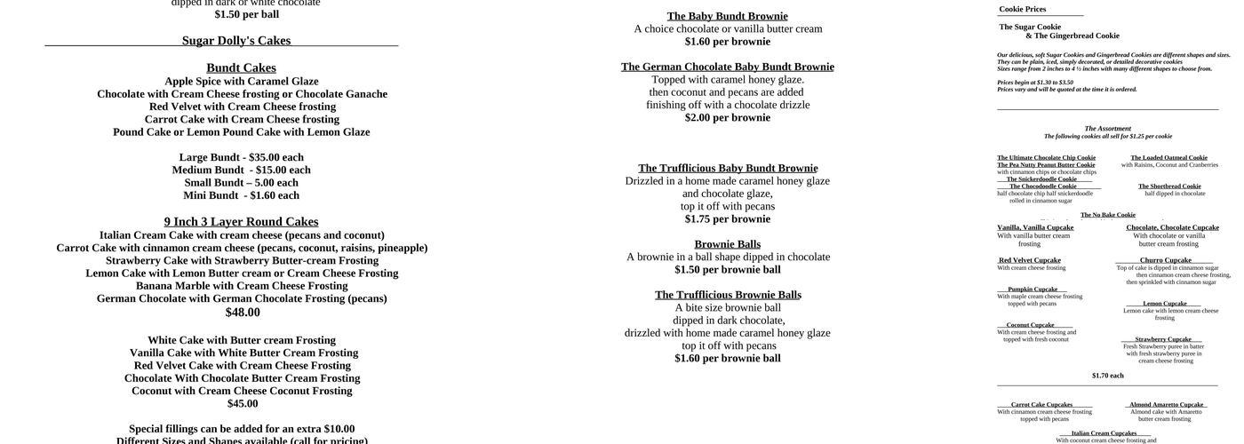 Sugar Dolly's Bakery Menu