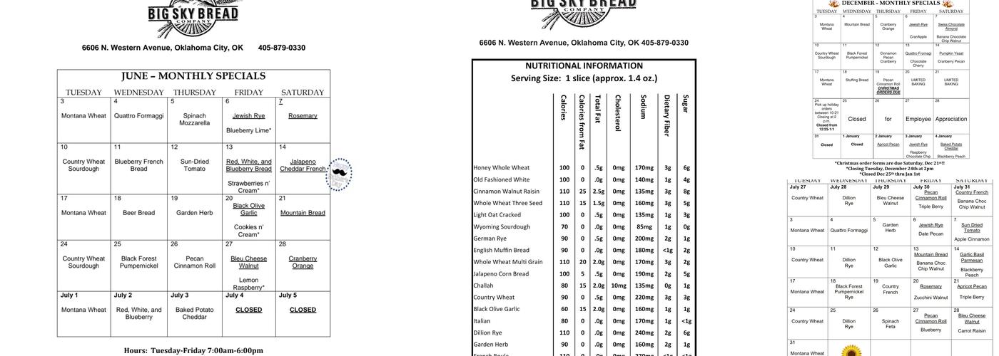 Big Sky Bread Co Inc. Menu