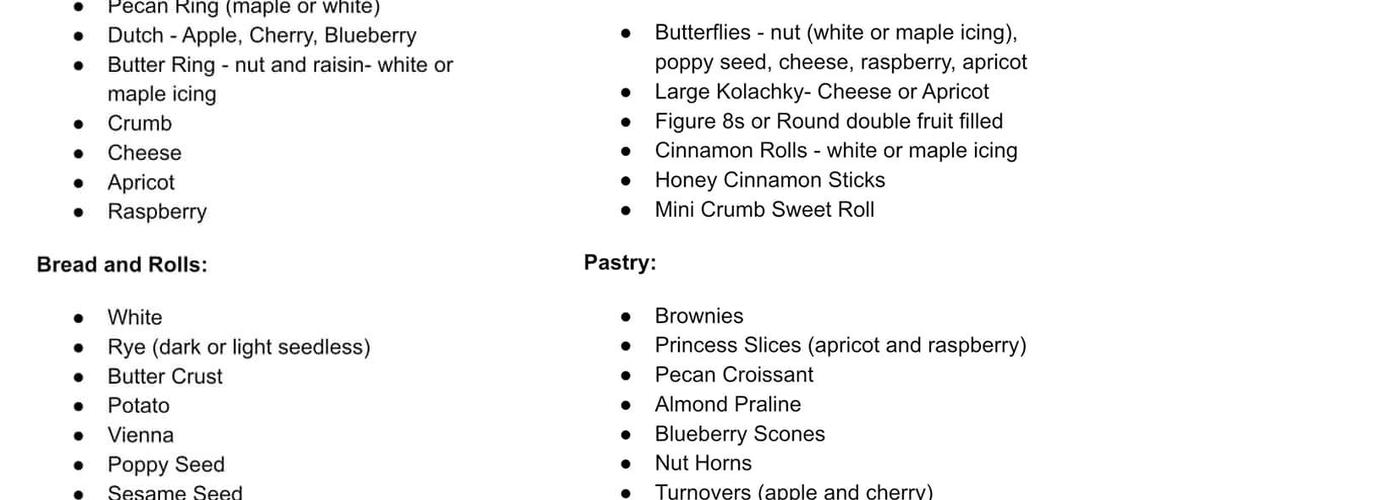 Dick's Bakery Menu