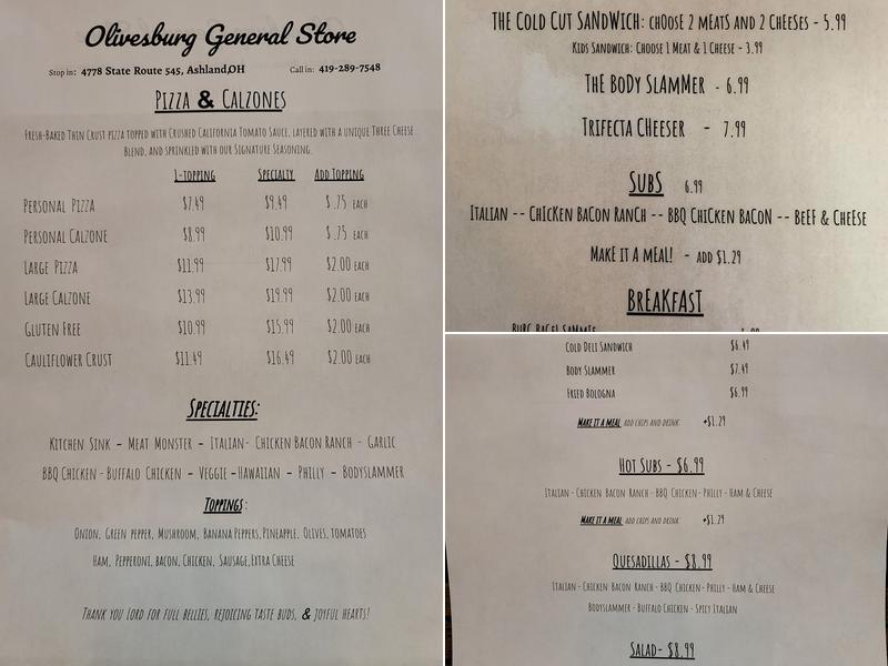 Olivesburg General Store Menu