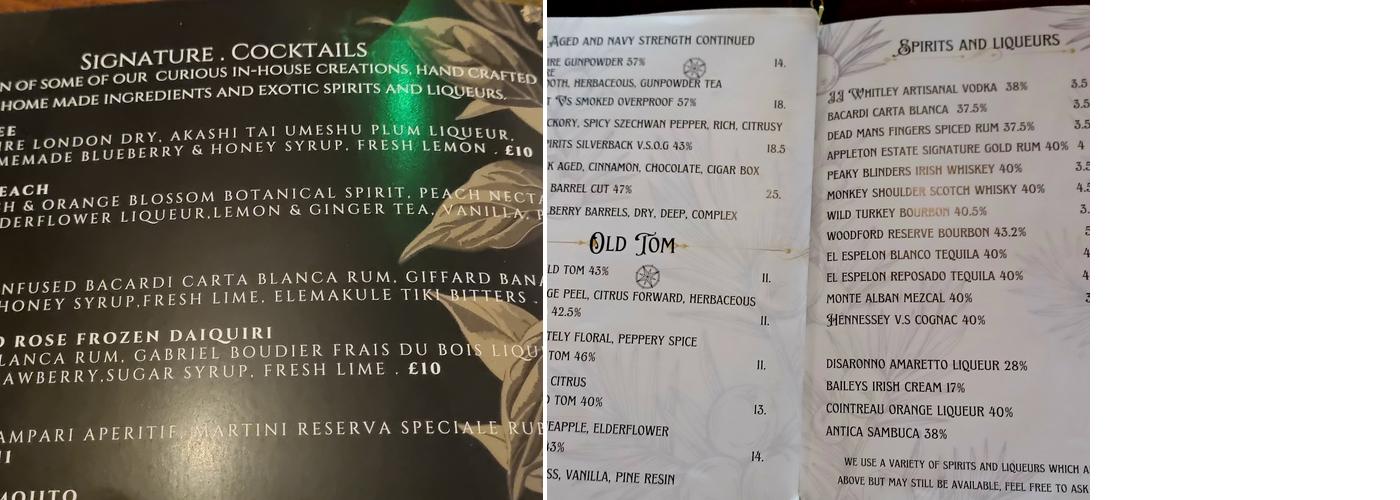 Dirty Gerties Gin Parlour Menu