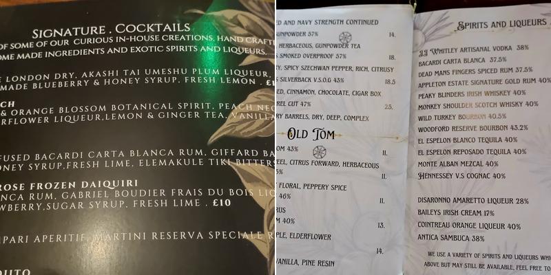 Dirty Gerties Gin Parlour Menu