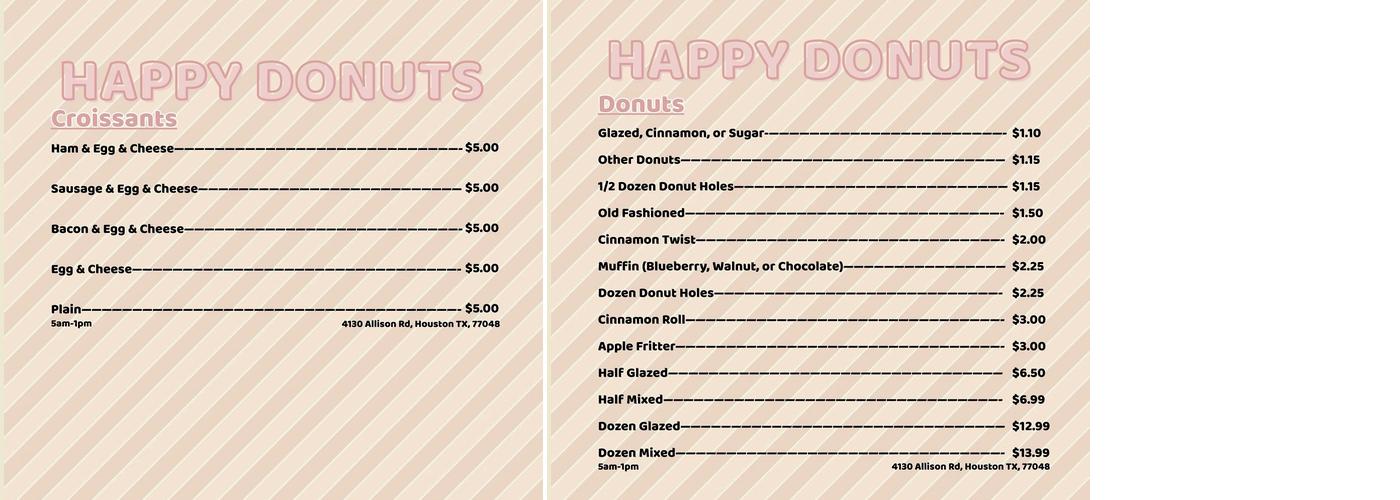 Happy Donuts Menu